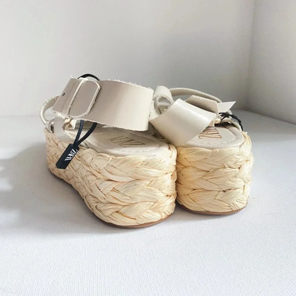 NWT Zara Ivory  Leather Strappy Flatform Platform Espadrille Sandals 40 - Picture 4 of 5